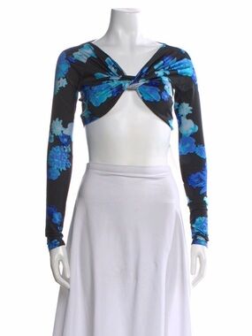 Coperni Blue Floral Twist-Front Long Sleeve Crop Top